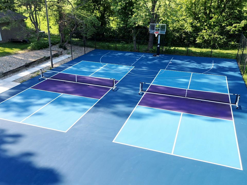 Purple, Ice Blue, Light Blue pickleball and basketball court